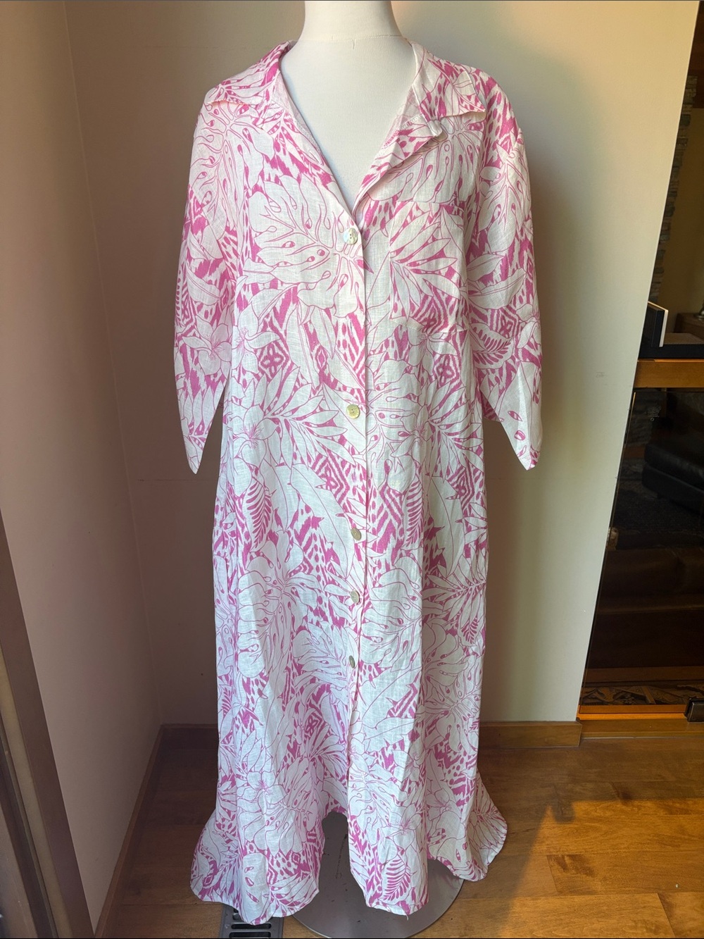 Tropical Pink Leaf Button-Front Maxi Dress